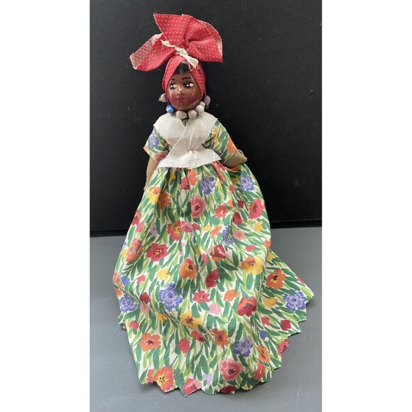 African Caribbean Doll Cloth Ragdoll Handmade Folk Art Seed Necklace Colorful 9" - Picture 2 of 3